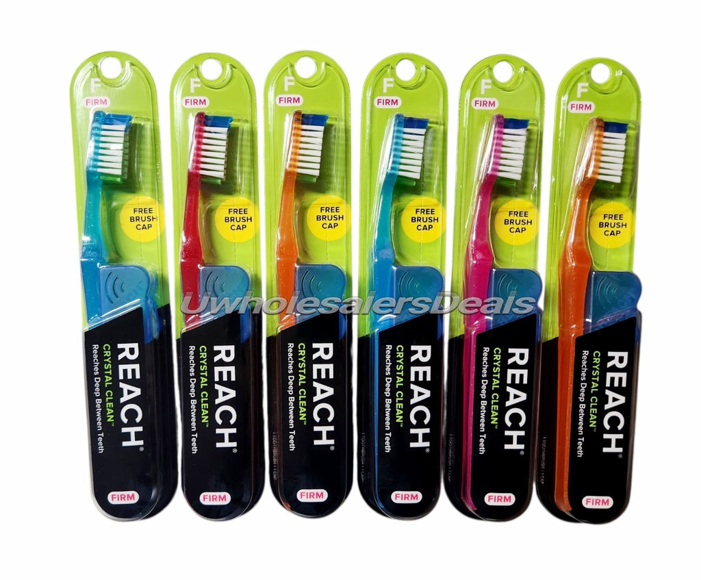 6 Pack Reach Crystal Clean Hard Toothbrushes with Firm Bristles & Free Caps