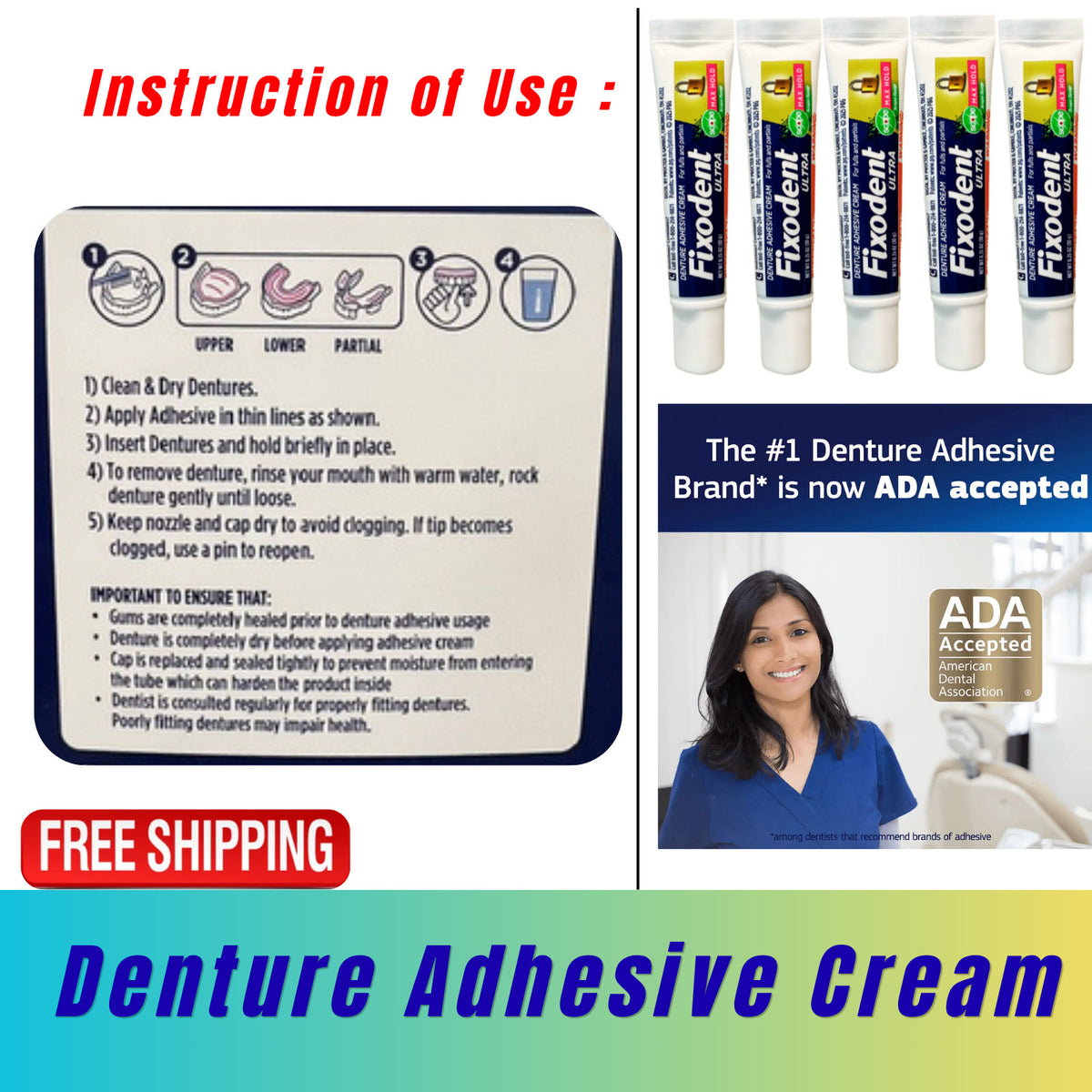 Denture Adhesive Cream Tubes 0.35oz - Pack of 50 Travel Size Samples