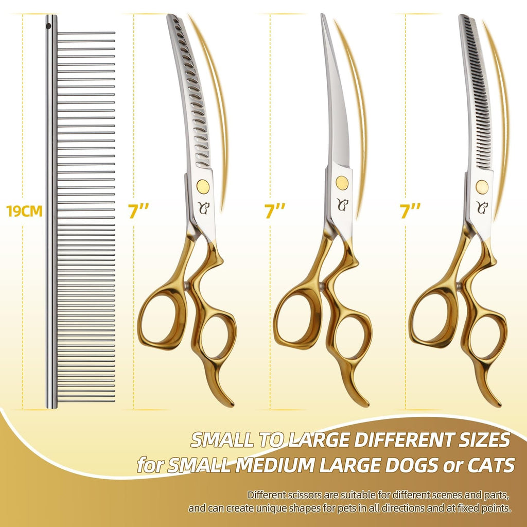 Dog Grooming Scissors Set with Curved Shears & Safety Tips - 4 in 1 Stainless Steel Kit