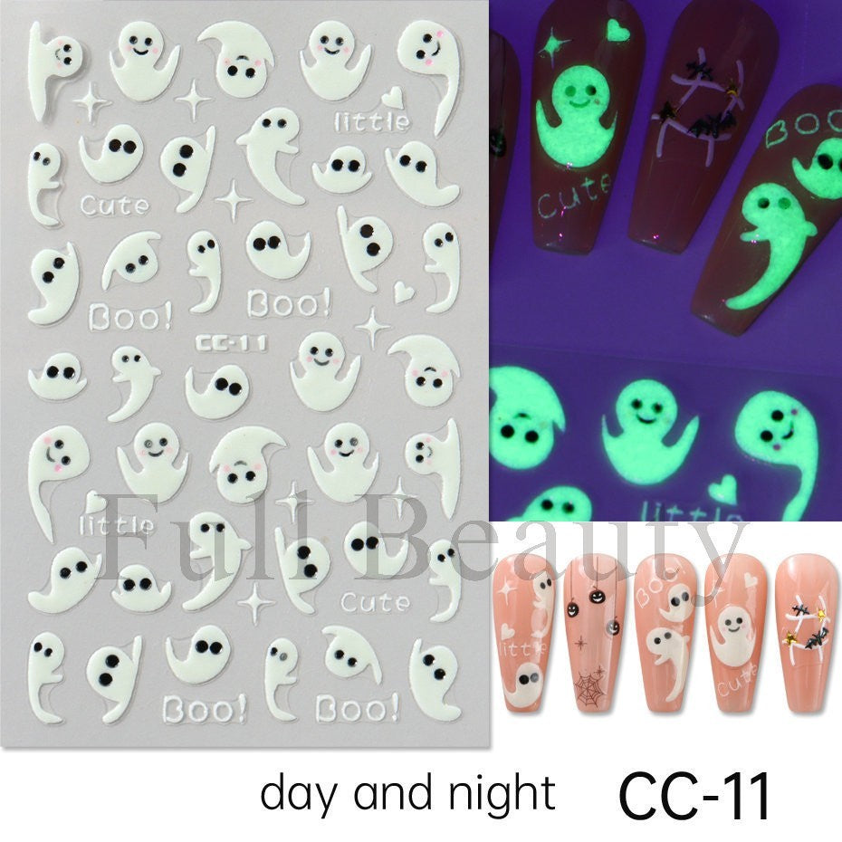 Glow in The Dark Halloween Nail Decals Ghost Spider Web Skull - 4 Sheets