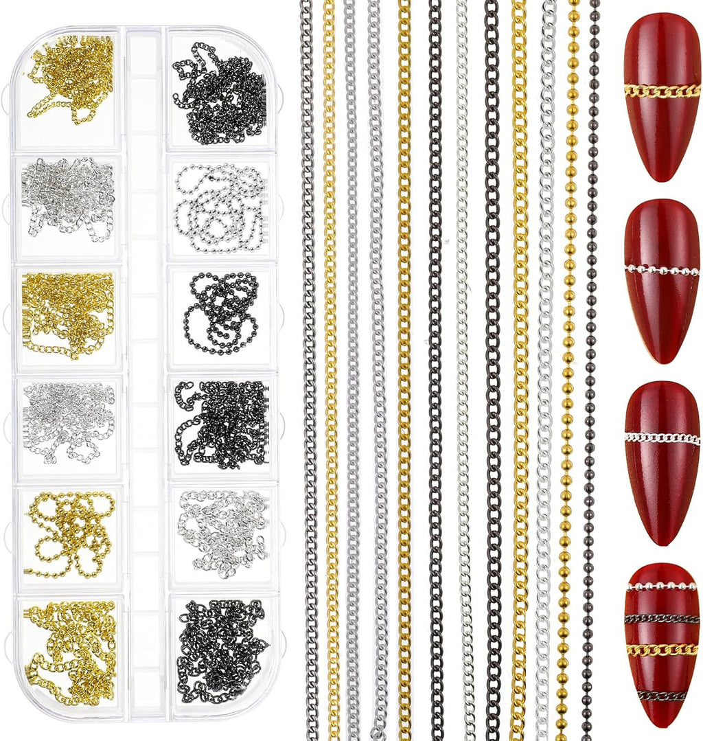 Metal Nail Art Chains Set - Gold, Silver & Gray DIY Manicure Accessories