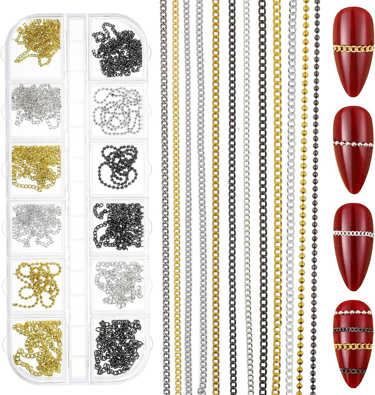 Metal Nail Art Chains Set - Gold, Silver & Gray DIY Manicure Accessories