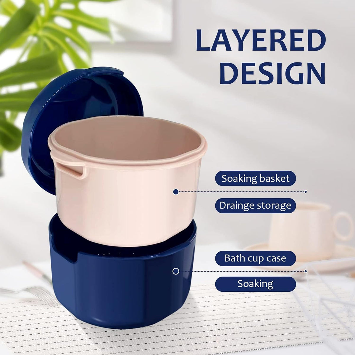 Denture Storage Case with Removable Rinse Basket Portable Denture Cup for Soaking & Cleaning