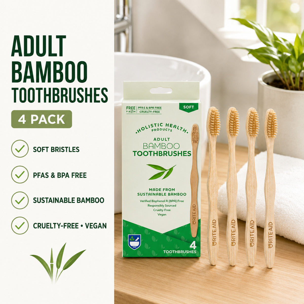 Bamboo Toothbrushes 4 Pack - Eco-Friendly Soft Bristle Adult Oral Care