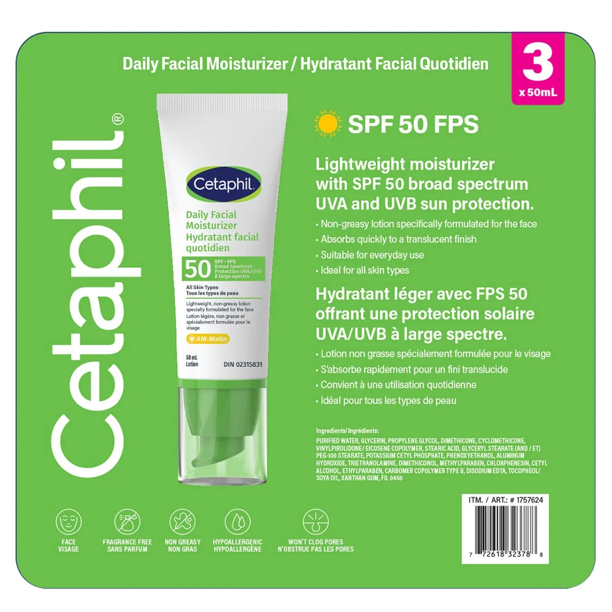 Fragrance-Free SPF 50 Face Moisturizer with UVA/UVB Sun Protection – 2 or 3 Pack