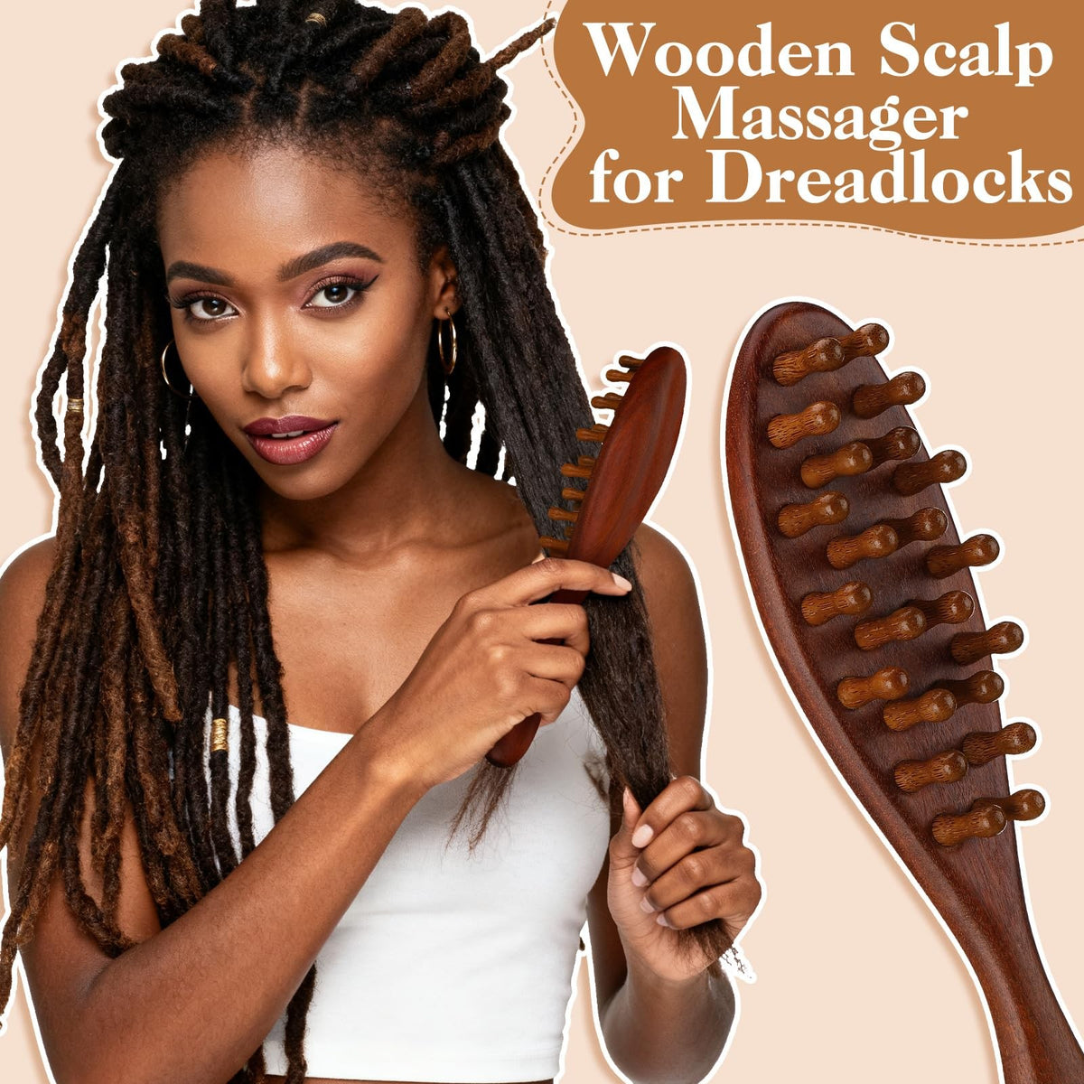 Wooden Scalp Massager Tool & Dreadlock Comb Set - Long Handle, 3 Pack