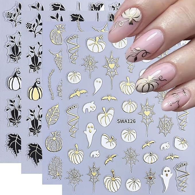 Fall Halloween Nail Stickers with Gold Pumpkins 3D Nail Decals for Art