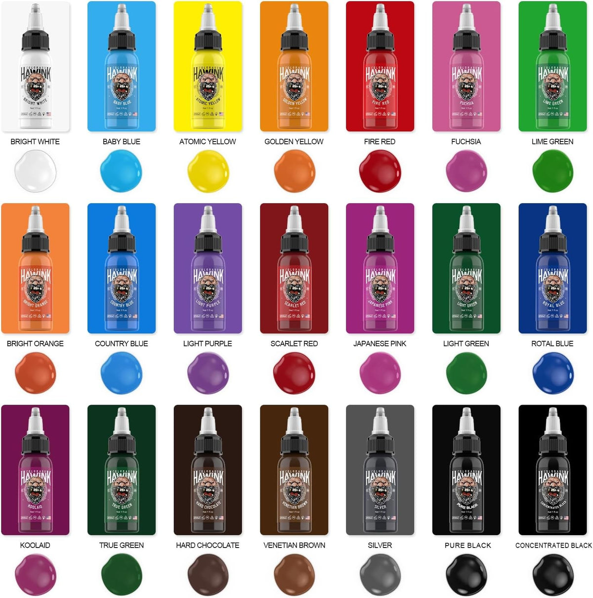 Tattoo Ink Color Set 21 Colors 1 oz (30ml) - Professional Pigment Kit
