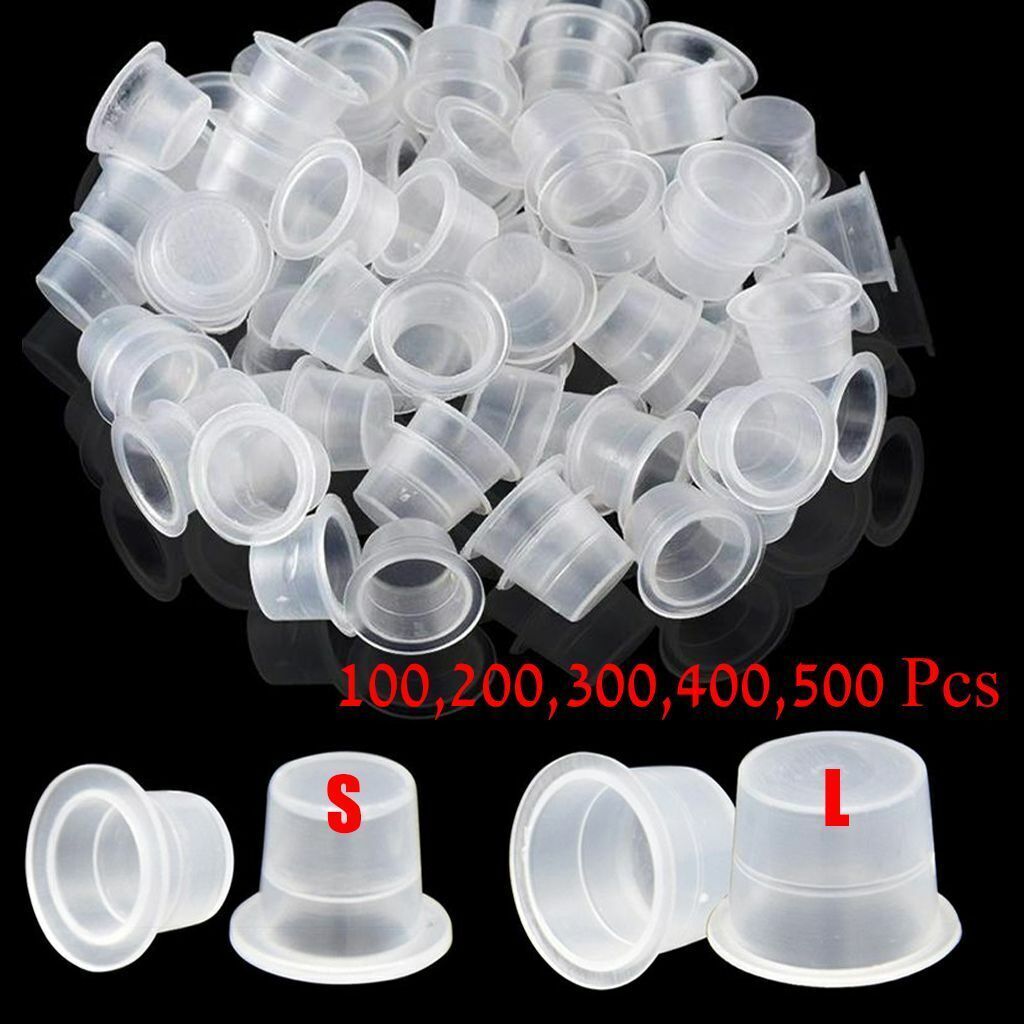 Tattoo Ink Cups, Plastic Pigment Cups Set, 100-500 Pcs, Trapezoid Design, Various Sizes