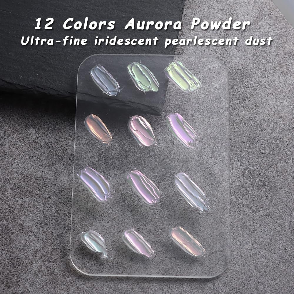 Mermaid Chrome Nail Powder Set - 12 Iridescent Aurora Holographic Colors for Manicures