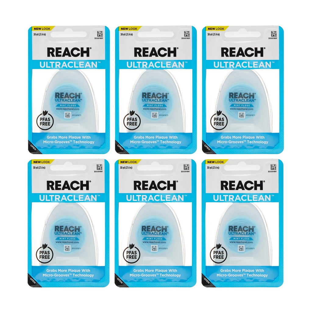 Dental Floss Pack of 6 - Ultraclean Mint Waxed 30 Yards Shred-Resistant Plaque Removal