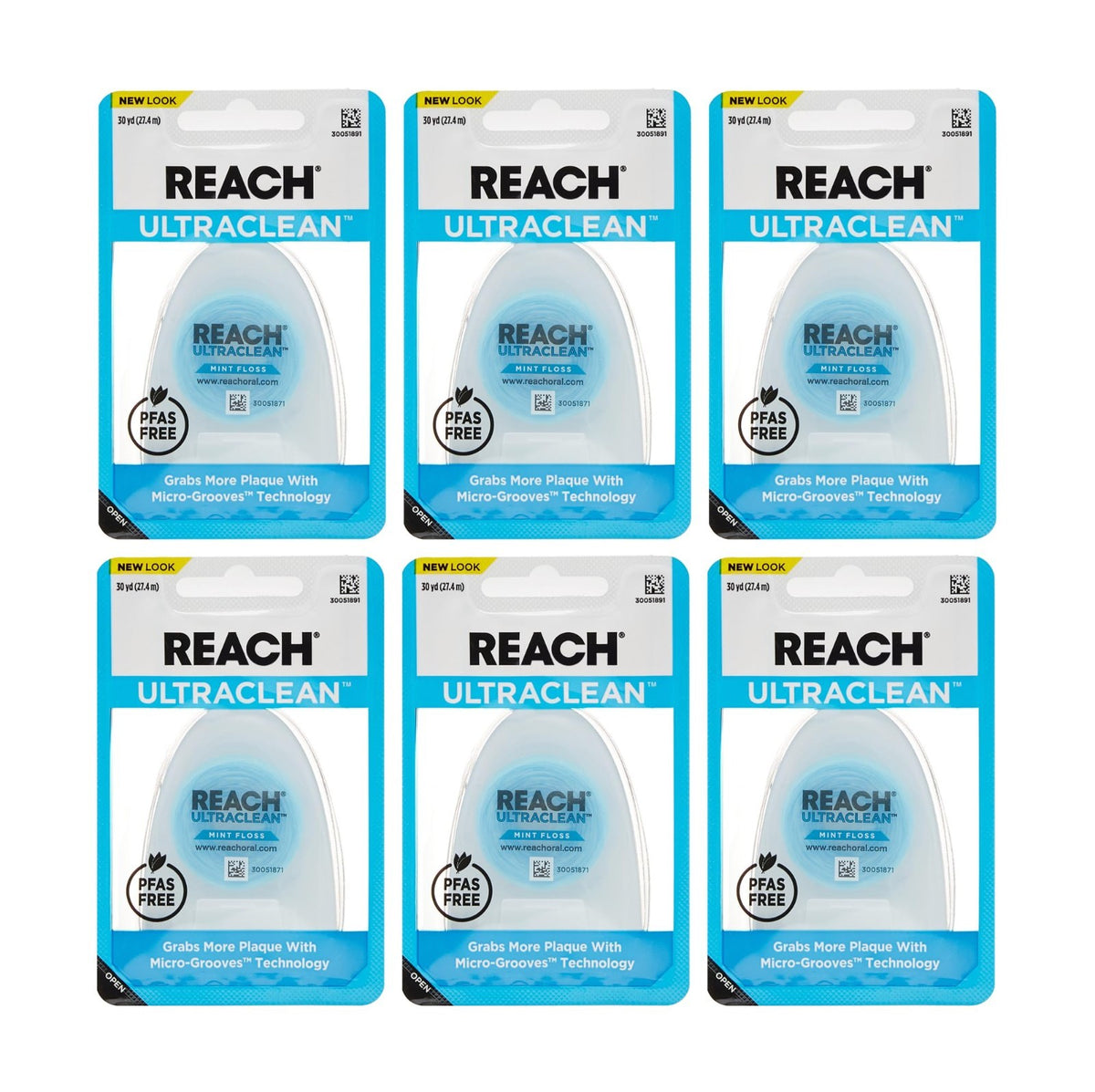 Dental Floss Pack of 6 - Ultraclean Mint Waxed 30 Yards Shred-Resistant Plaque Removal