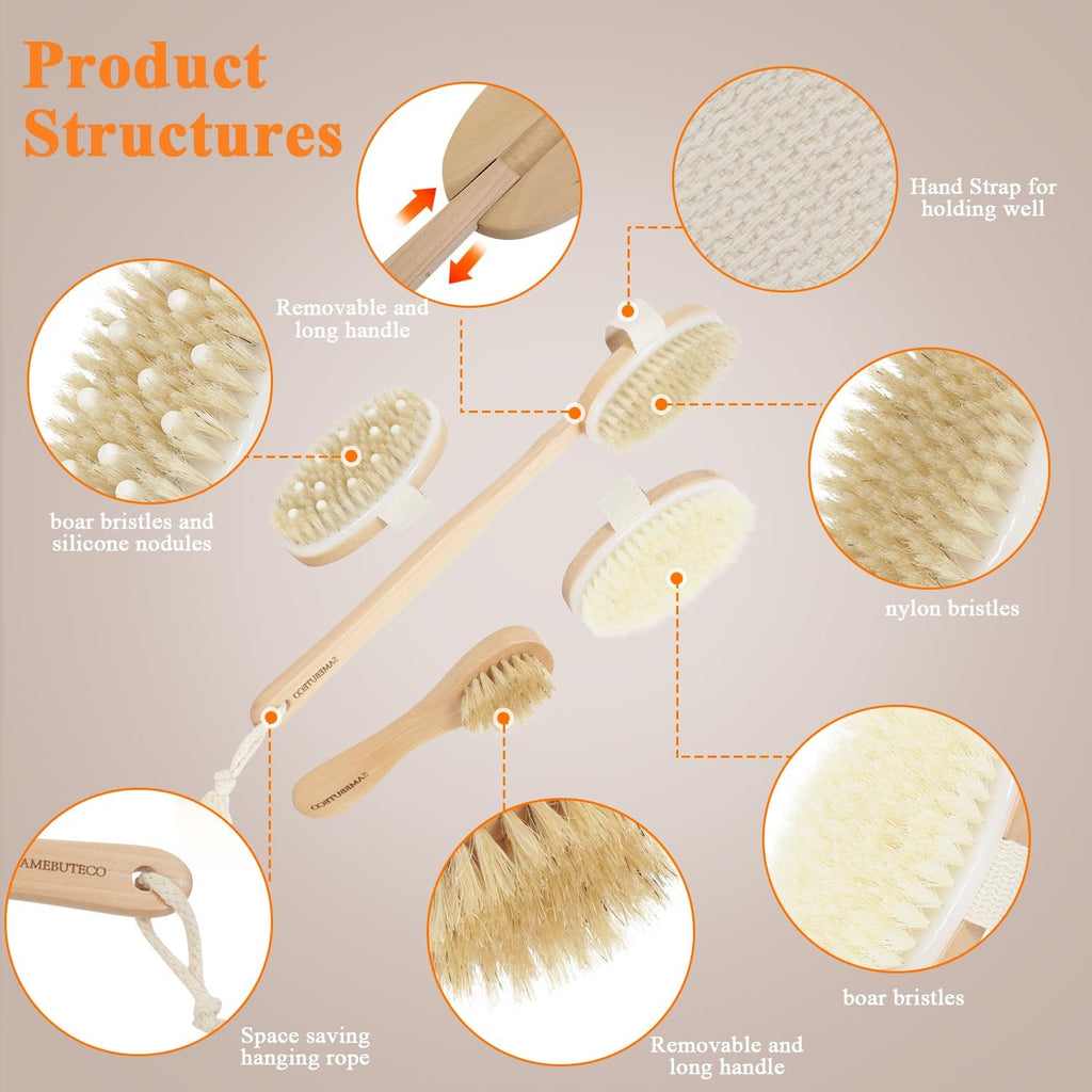 Dry Body Brush Set with Long Handle and Natural Boar Bristles for Face & Body
