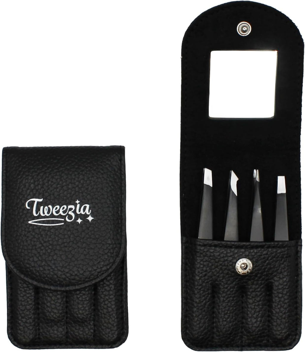 Stainless Steel Precision Tweezers Set with Mirror Case - 4 Piece Eyebrow & Facial Grooming Kit