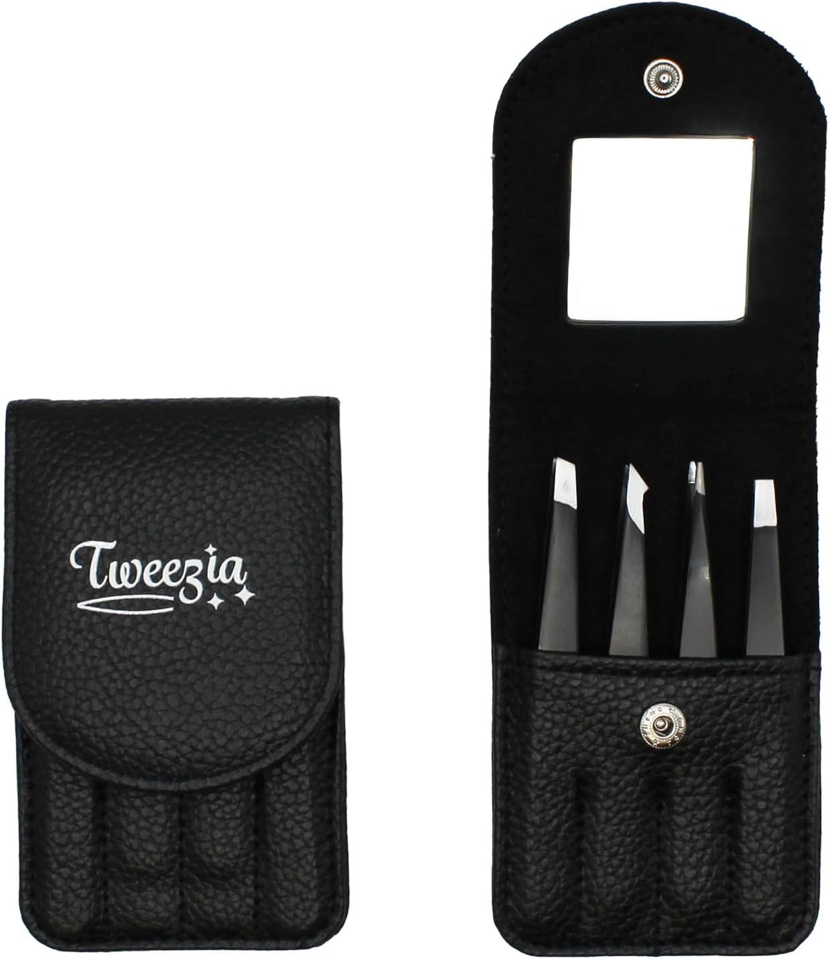 Stainless Steel Precision Tweezers Set with Mirror Case - 4 Piece Eyebrow & Facial Grooming Kit
