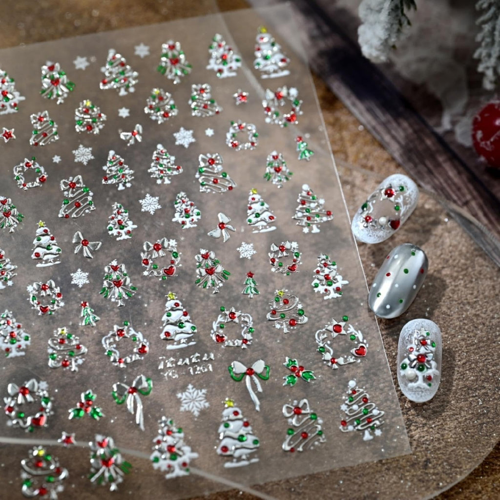 Christmas Nail Stickers 5D Embossed Metallic Silver Nail Decals Holiday Manicure