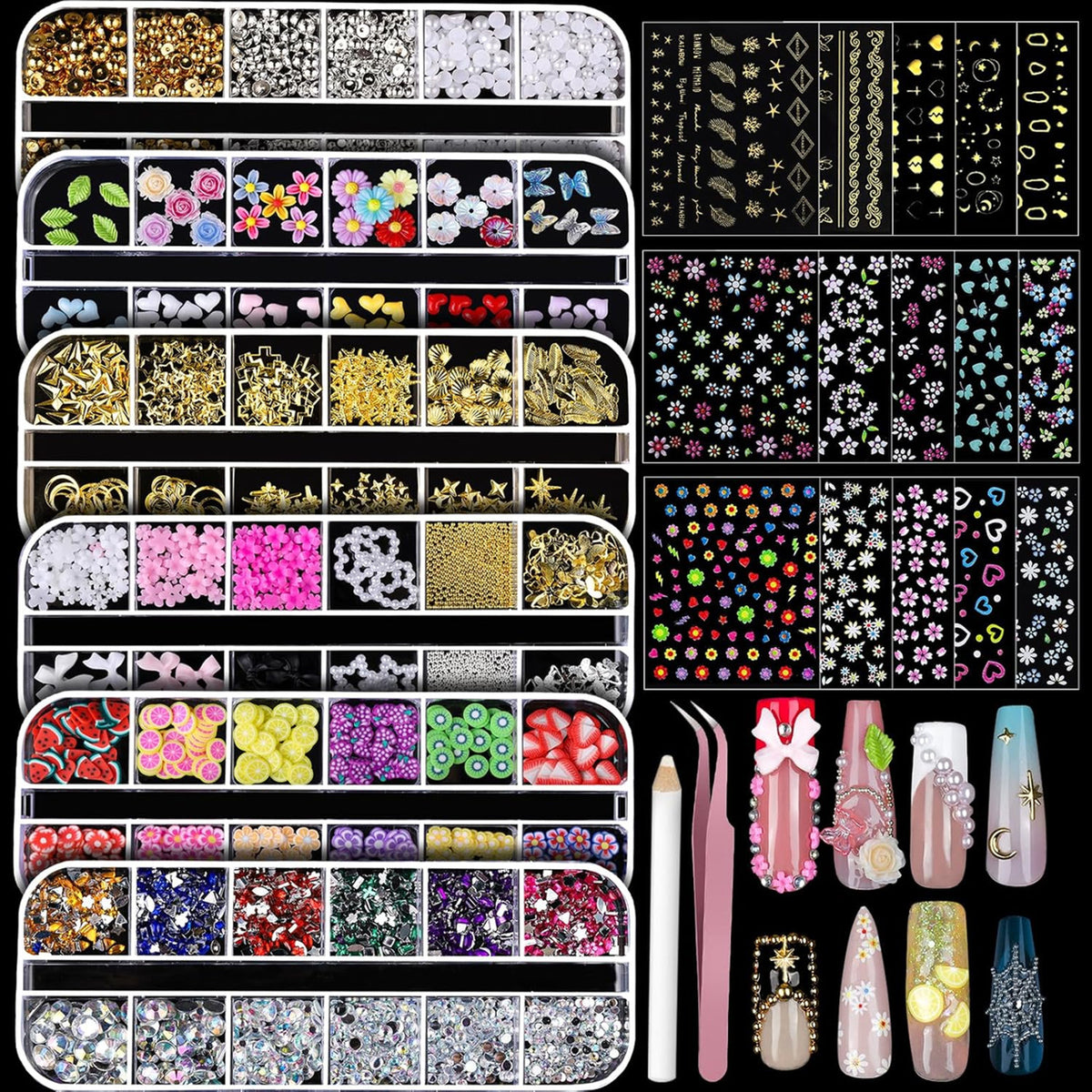 Nail Charms and Gems Set with 3D Nail Art Stickers for DIY & Salon Use