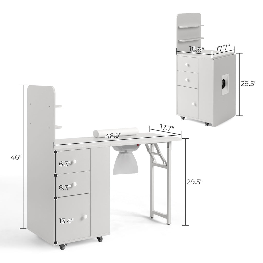 Foldable Nail Tech Table with Dust Collector, Storage Shelves & Lockable Casters