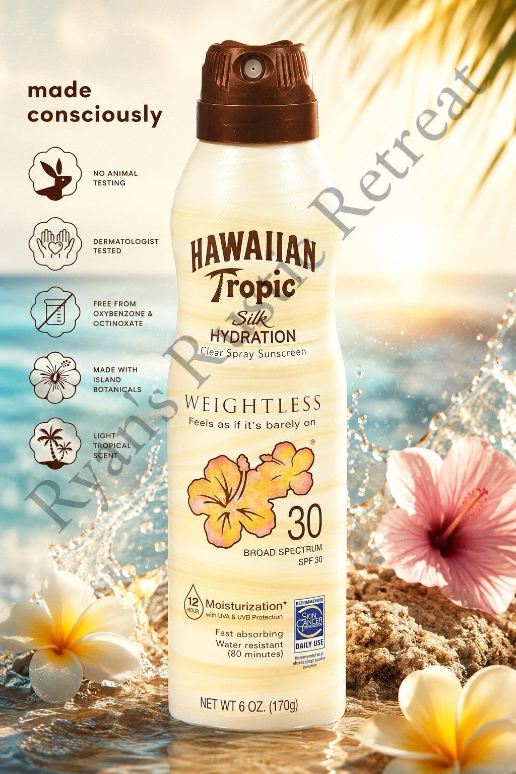 Hawaiian Tropic SPF 30 Clear Spray Sunscreen - 6 oz, Water-Resistant, Hydrating, Tropical Coconut Scent