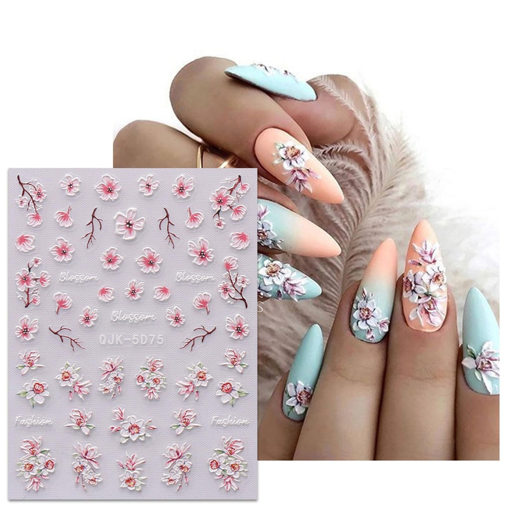 Spring Flower Nail Art Stickers Set - 6 Sheets Self-Adhesive 3D Embossed Decals