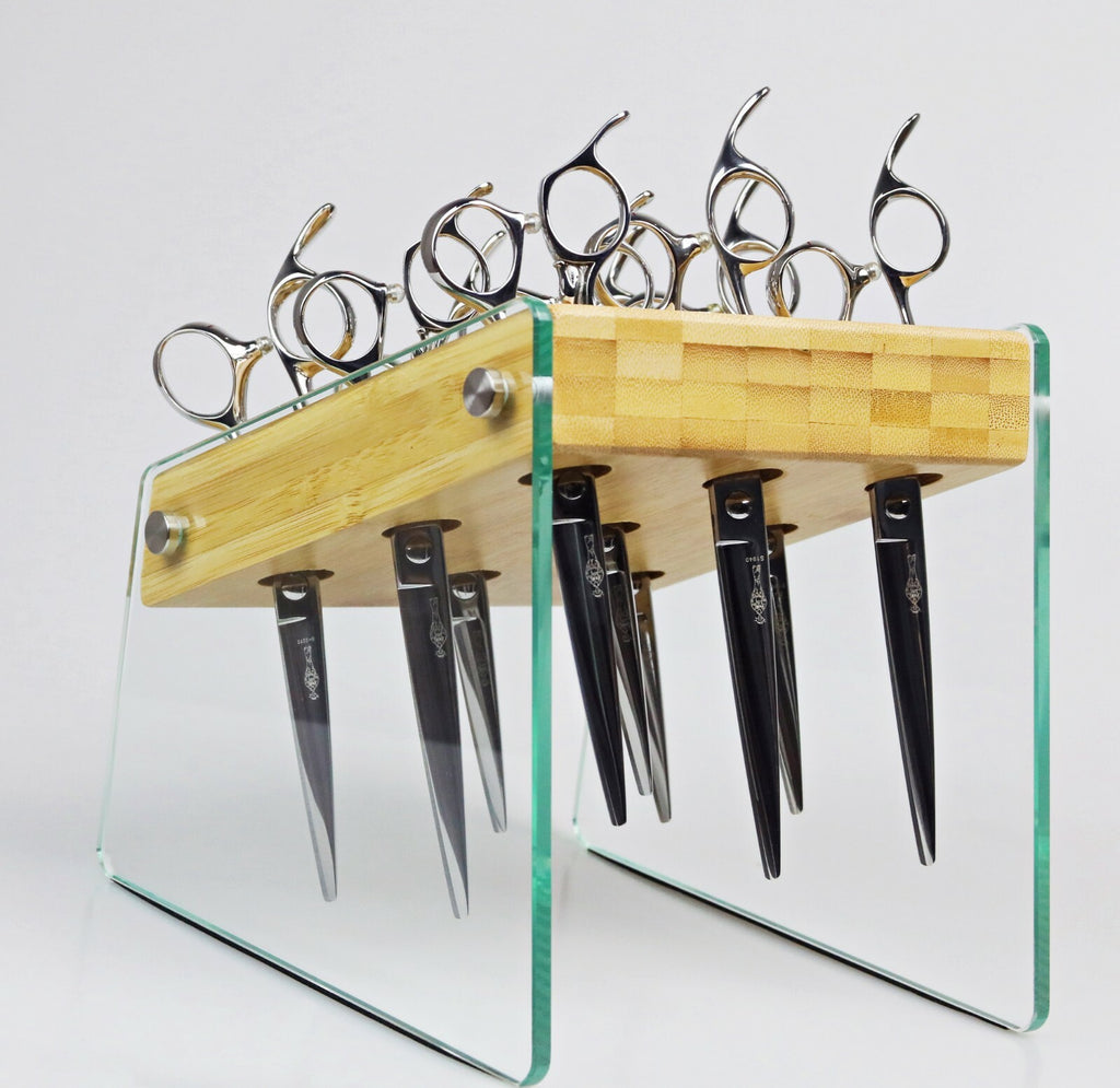 Salon Hair Shears Holder Bamboo Glass Organizer for Barber & Stylist Stations