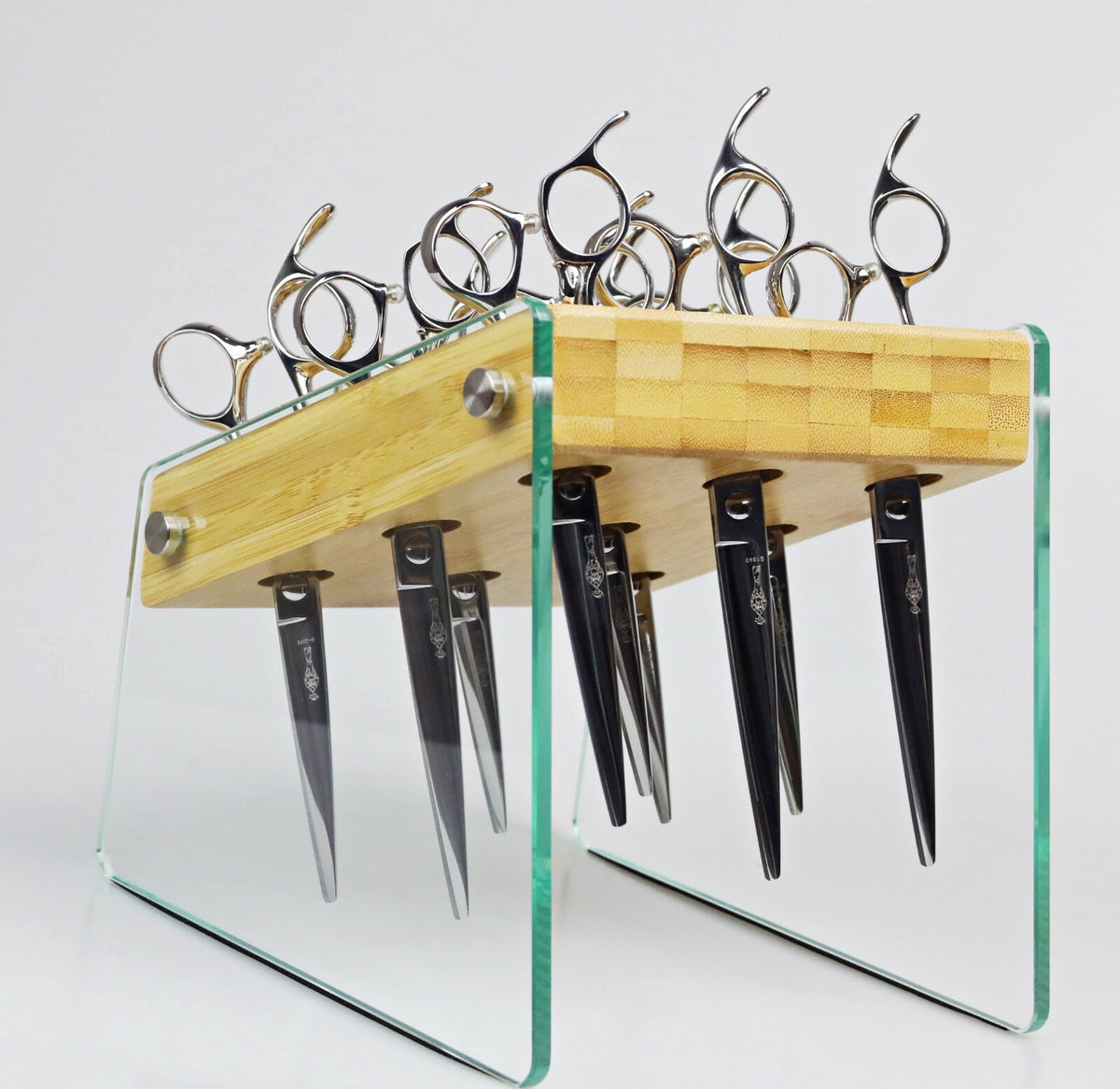 Salon Hair Shears Holder Bamboo Glass Organizer for Barber & Stylist Stations