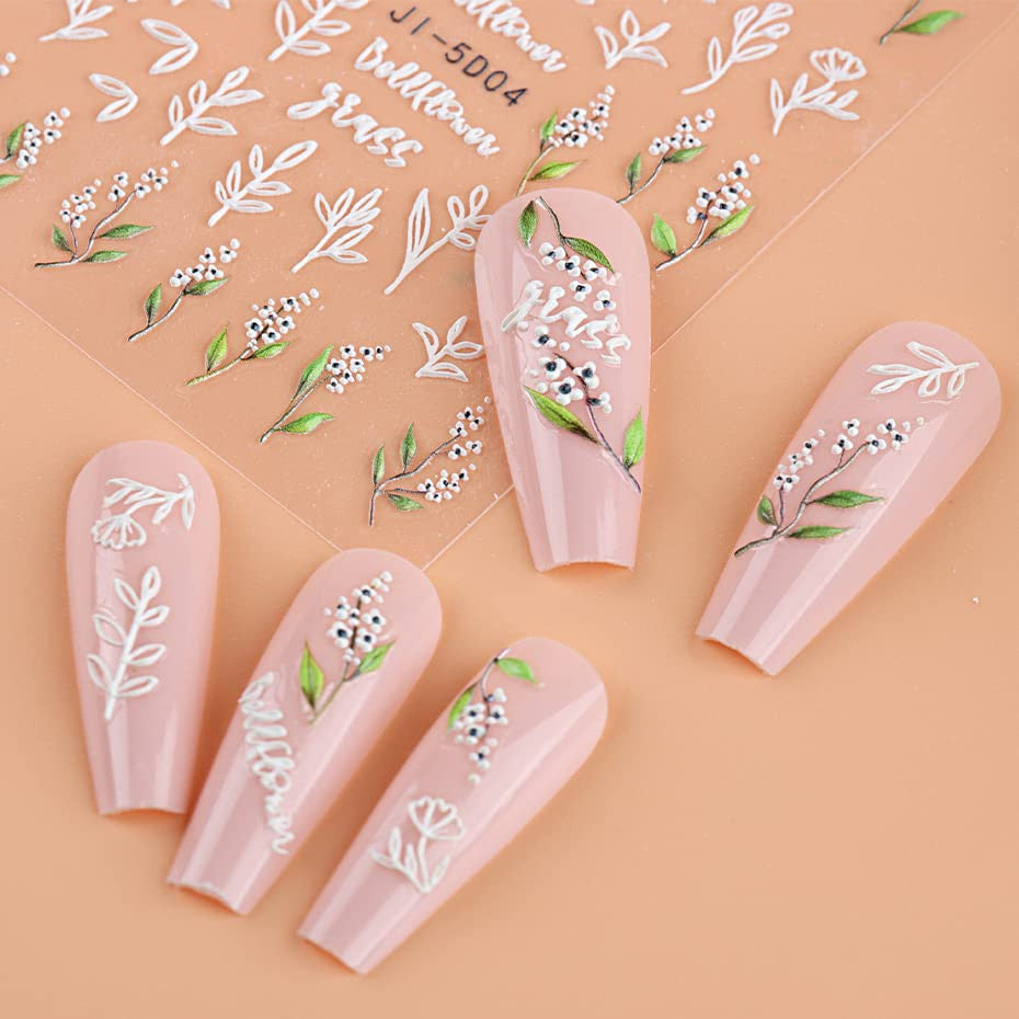 3D Flower Leaves Nail Art Stickers Decals - Self-Adhesive, 4 Sheets