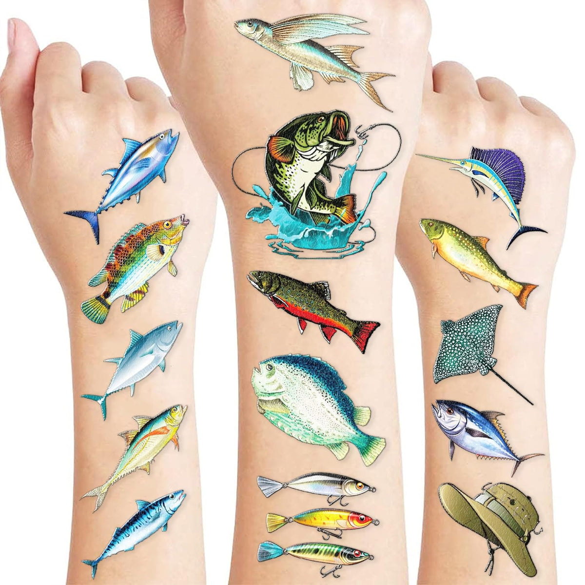 60 PCS Fishing Themed Temporary Tattoos Set for Birthday Party Decorations & Favors