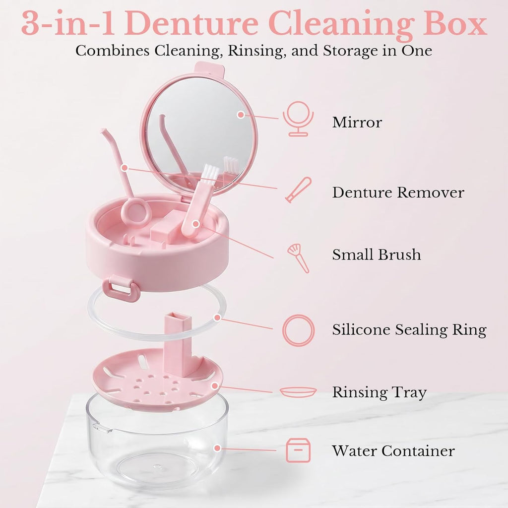 Denture and Retainer Cleaning Case with Auto-Lifting Strainer, Mirror & Brush