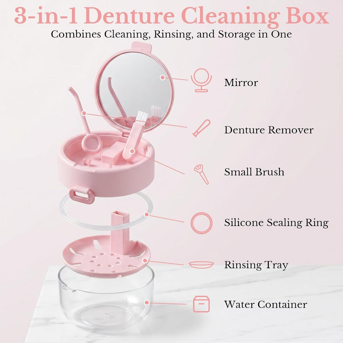 Denture and Retainer Cleaning Case with Auto-Lifting Strainer, Mirror & Brush