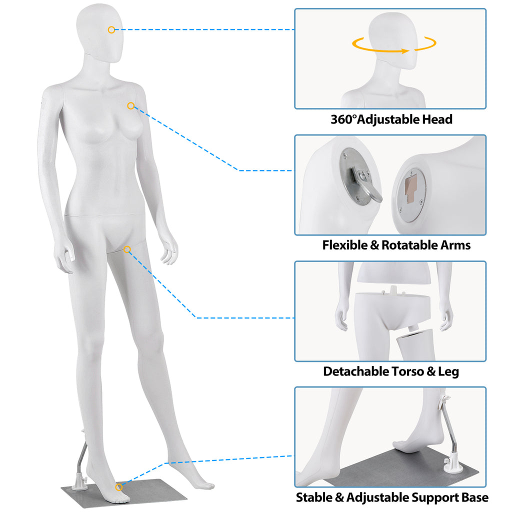 Female Full Body Dress Form Mannequin Adjustable White 70 Inches