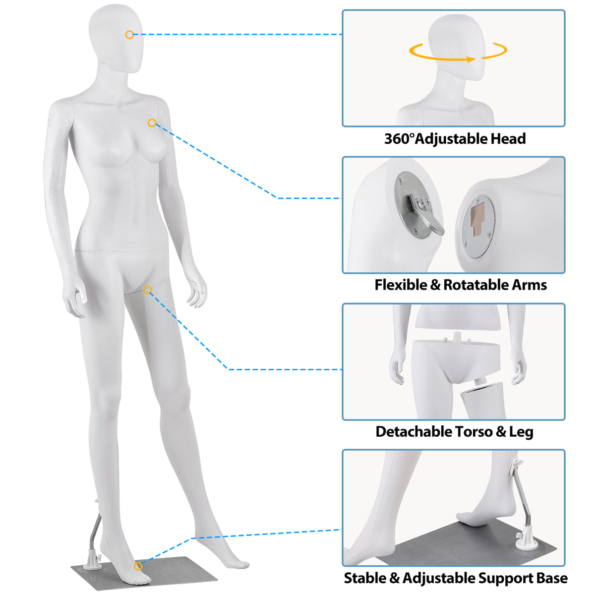 Female Full Body Dress Form Mannequin Adjustable White 70 Inches