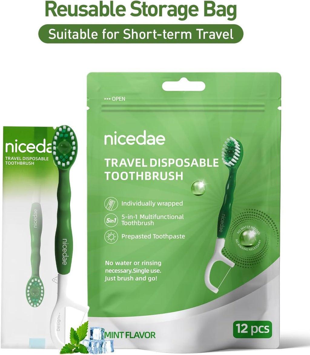 Disposable Travel Toothbrush Set with Toothpaste Floss and Scraper - 12 Pack