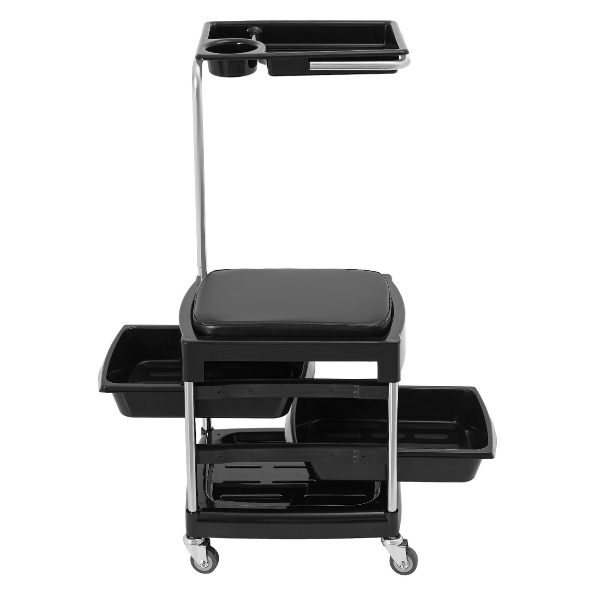 Salon Hair Tool Cart with Seat and 3 Tiers, Rolling Storage Trolley, Black