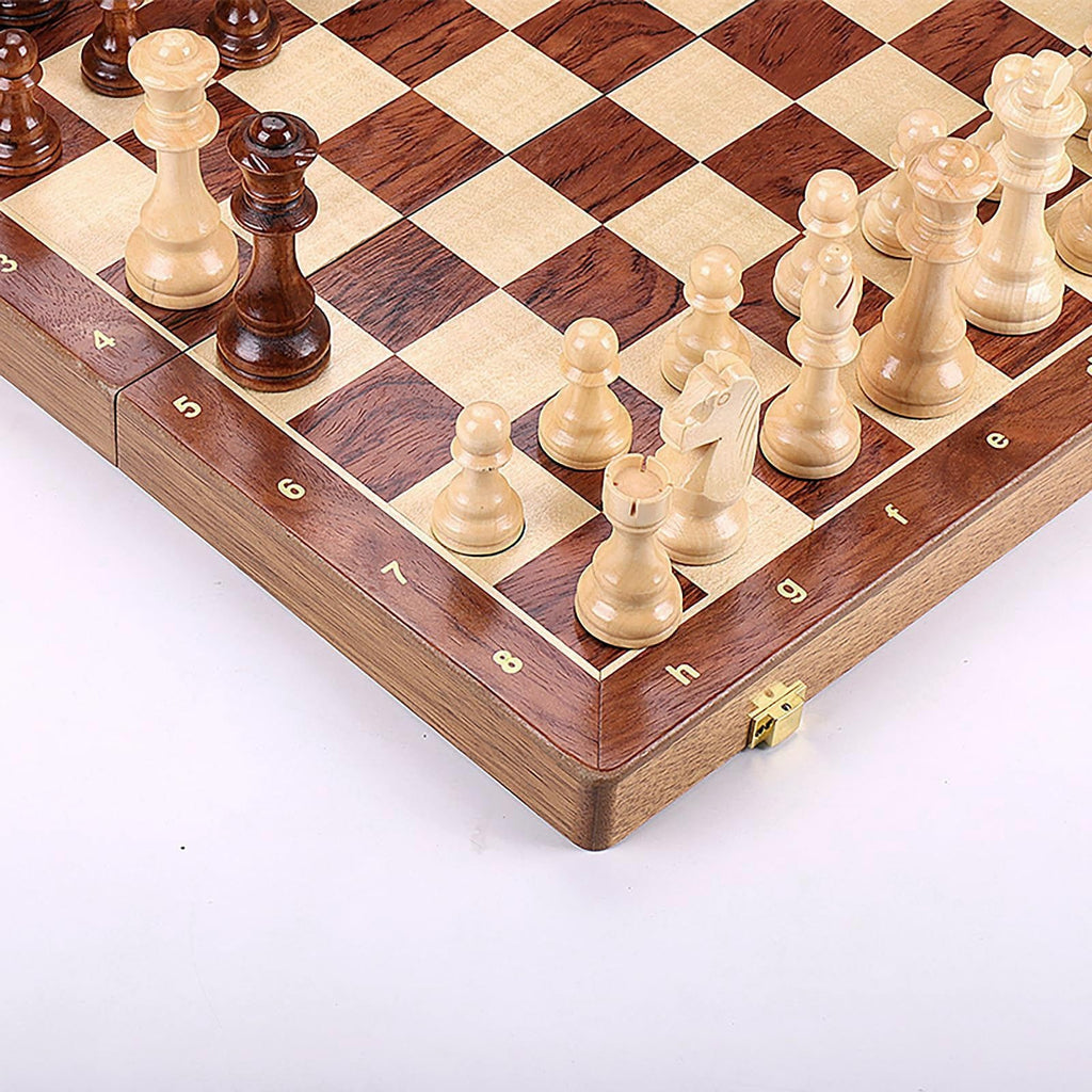 15-Inch Folding Walnut Chess Set with Storage and Travel Case