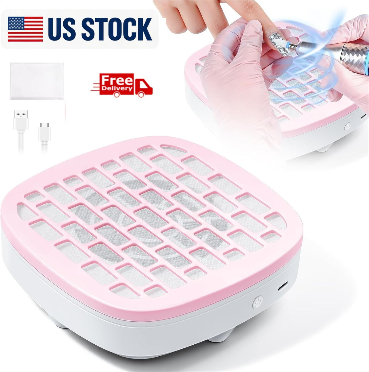 Pink Nail Dust Collector with 10 Filter Pads for Nail Art Beginners