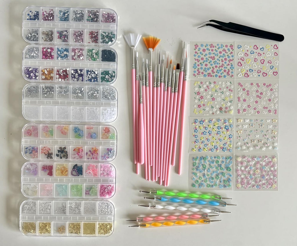 Complete Nail Art Kit with Brushes Rhinestones Charms Stickers for DIY Manicure