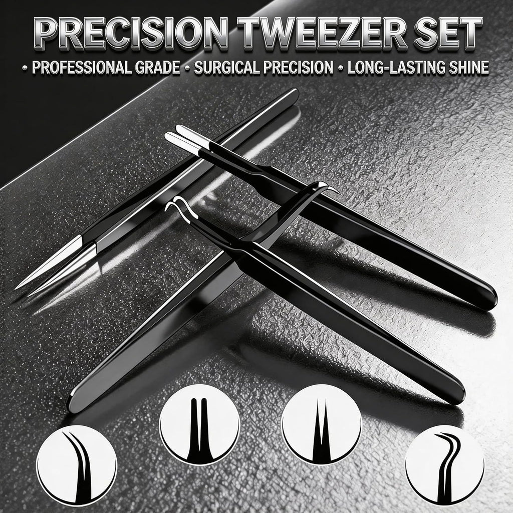 Precision Tweezers Set 4 Pack - Fine Point Curved Flat Angled for Crafts & Electronics