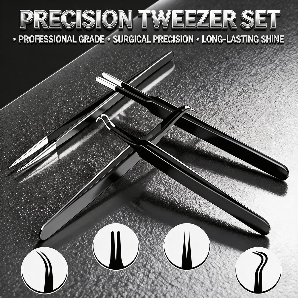 Precision Tweezers Set 4 Pack - Fine Point Curved Flat Angled for Crafts & Electronics