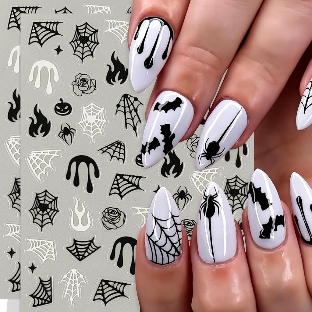 Halloween Nail Stickers 8 Sheets Spider Web Black & White Nail Art Decals