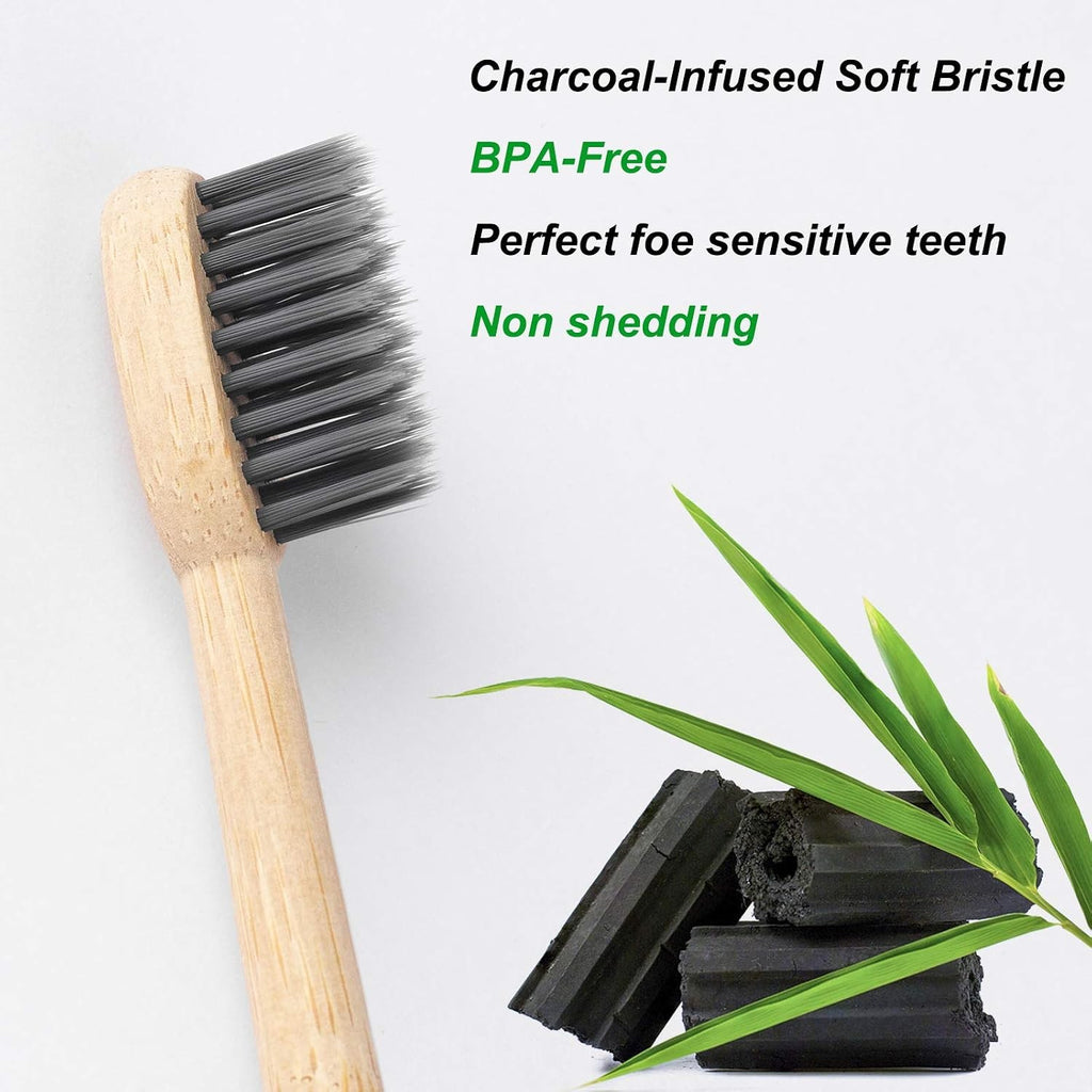 Bamboo Charcoal Toothbrushes 6 Pack - Soft BPA Bristles, Eco-Friendly & Biodegradable