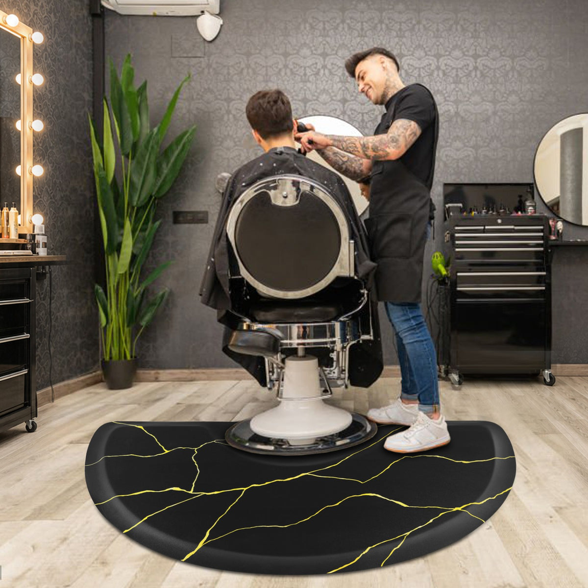 Anti-Fatigue Salon Chair Mat 3x5ft Non-Slip Black and Gold Marble Pattern