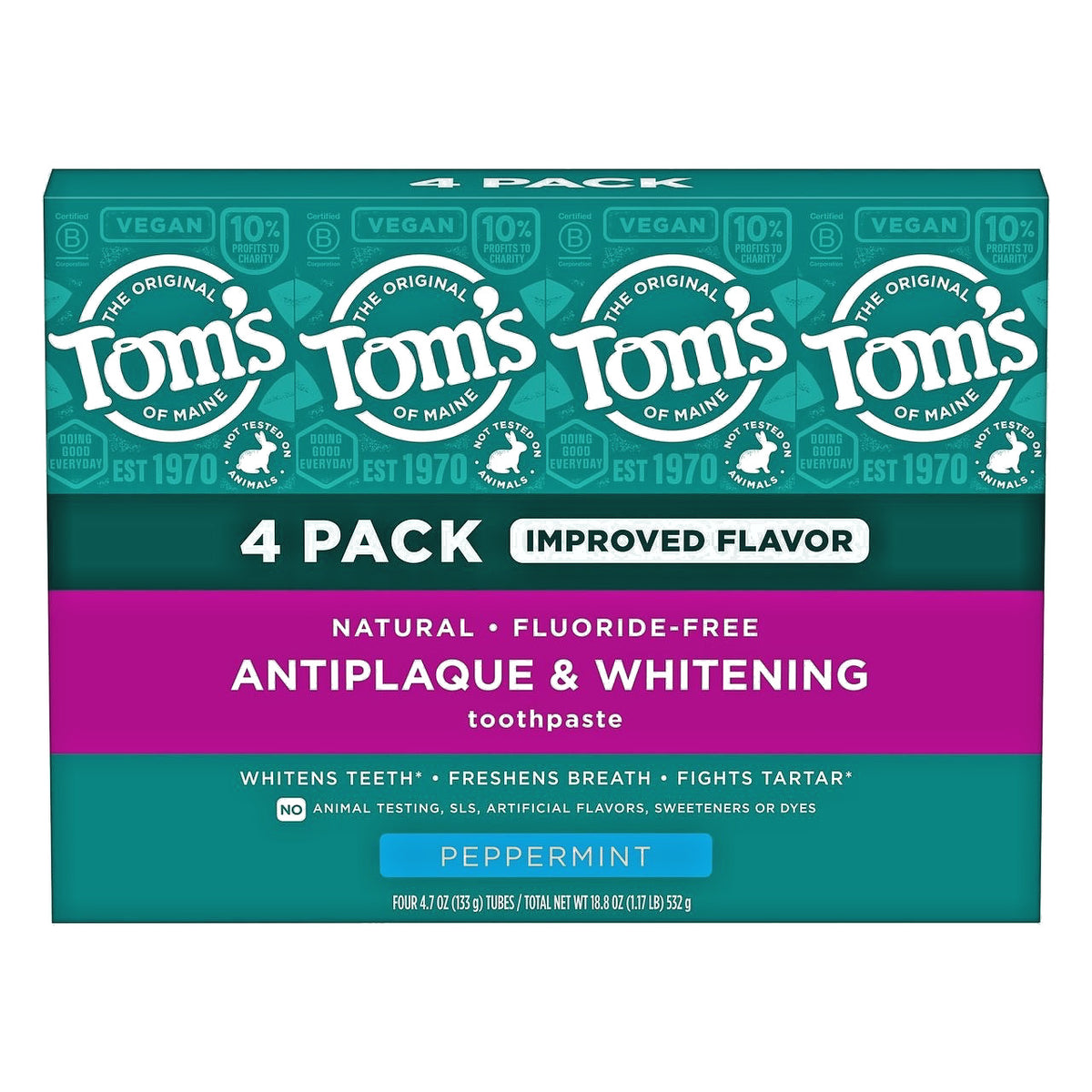 Fluoride-Free Antiplaque & Whitening Toothpaste with Peppermint - 4 Pack