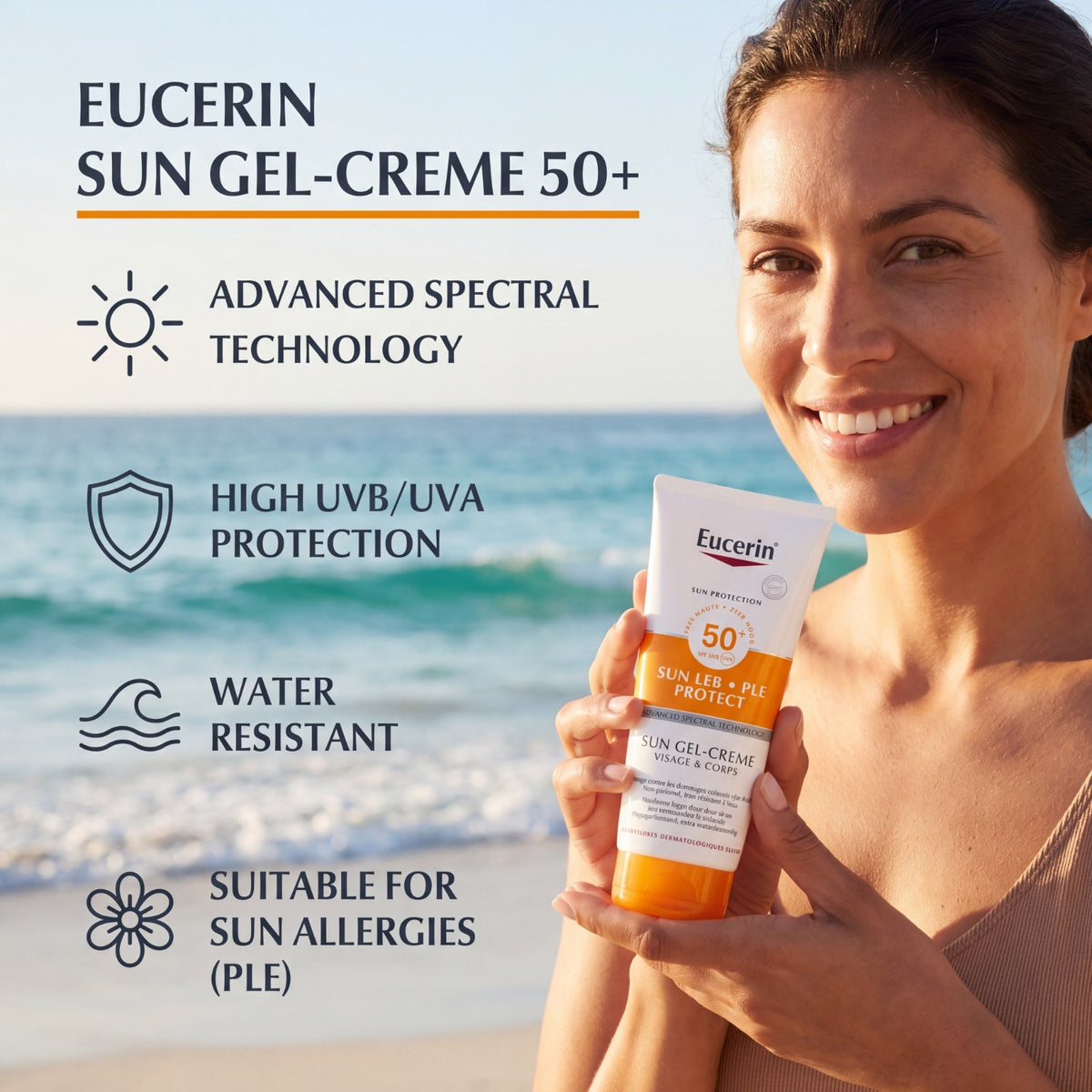SPF 50 Sunscreen Gel Cream for Face & Body - Water-Resistant, Sensitive Skin Safe