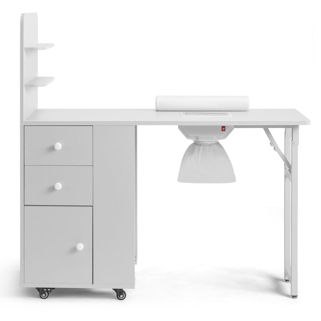Foldable Nail Tech Table with Dust Collector, Storage Shelves & Lockable Casters