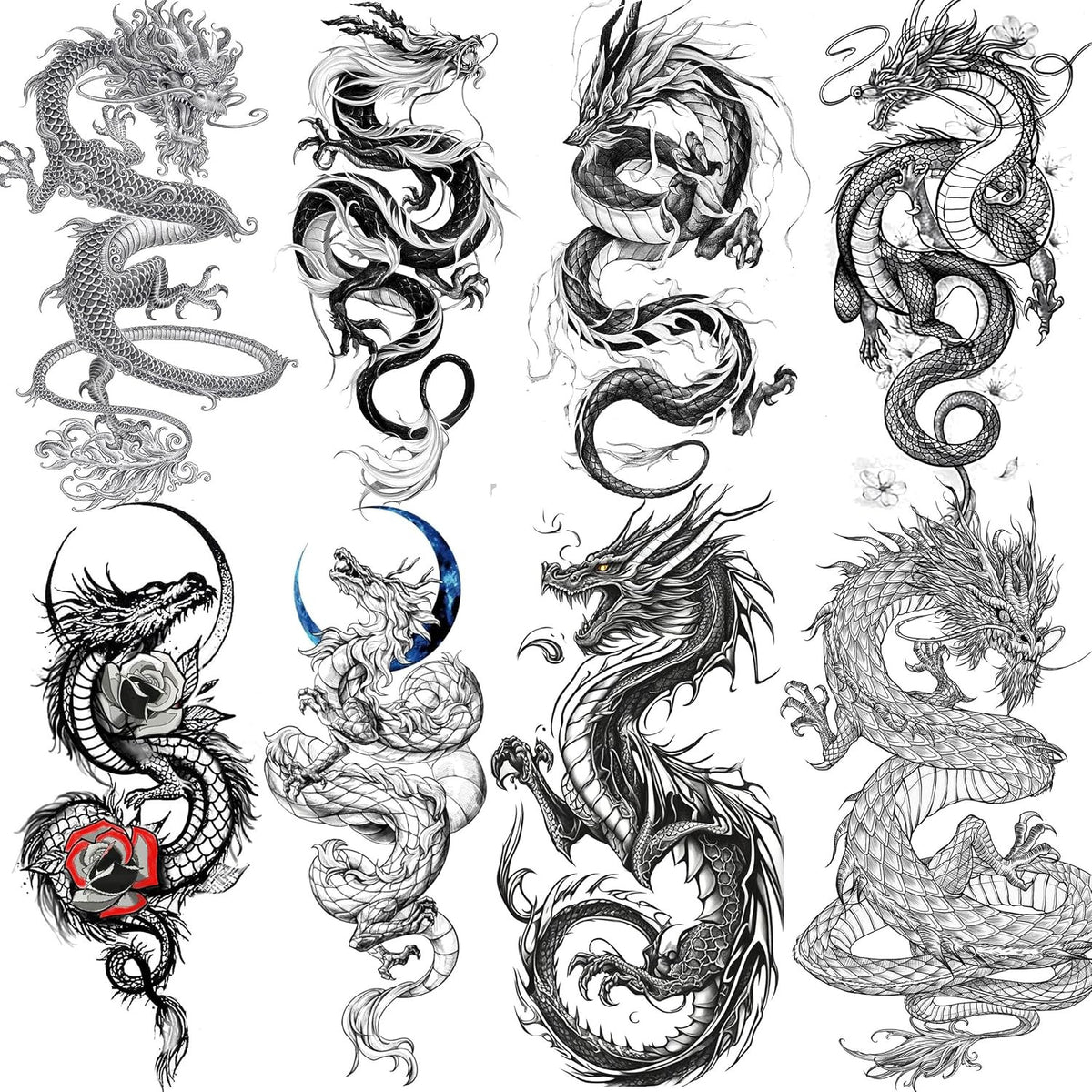 Dragon Temporary Tattoos Set – 8 Sheets Realistic Black Dragon Designs