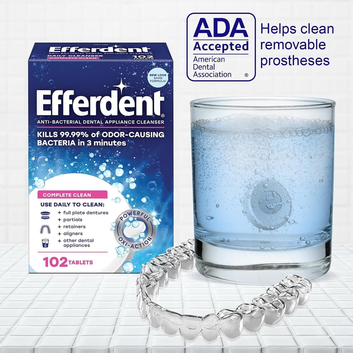 Fast-Acting Denture Cleaning Tablets - Kills Odors & Removes Stains in 3 Minutes