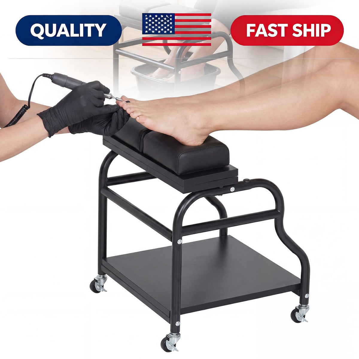 Salon Pedicure Cart Trolley with Wheels, Leg Pads & Storage for Foot Care