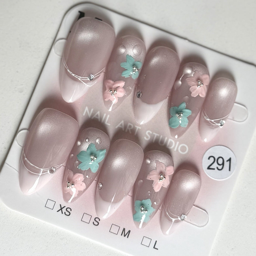 Reusable Handmade French Tip Flower Press-On Nails – Medium Oval Size M