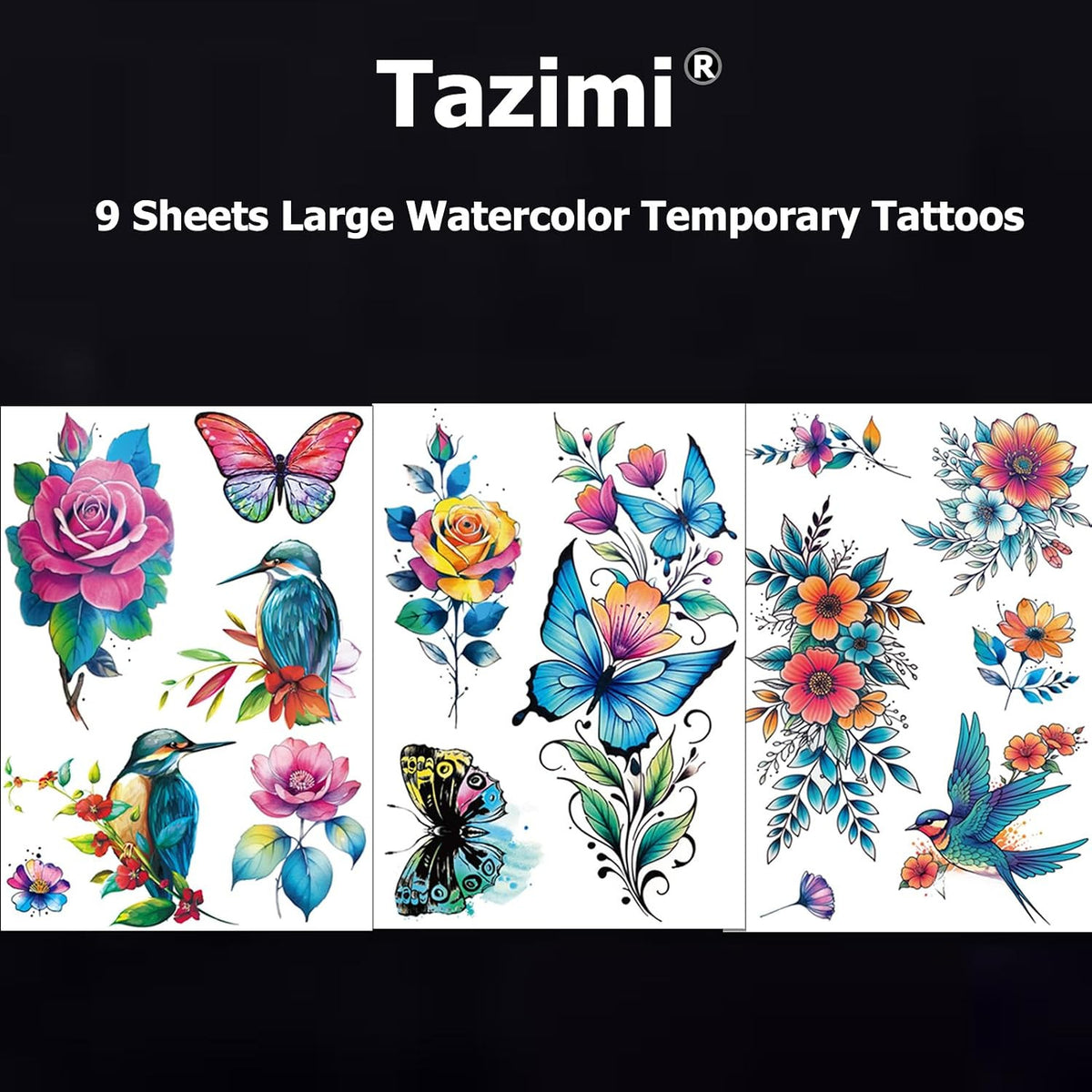3D Watercolor Flower Temporary Tattoos for Women – Large Rose & Floral Set
